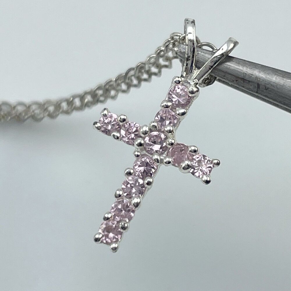 Vintage 925 Sterling Silver Pink Cubic Zirconia Cross Pendant Chain Necklace